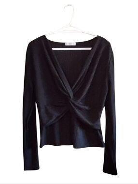 Suzy Shier Black Ribbed Twist-Knot Deep V-Neck Long Sleeve Top – Size XL EUC